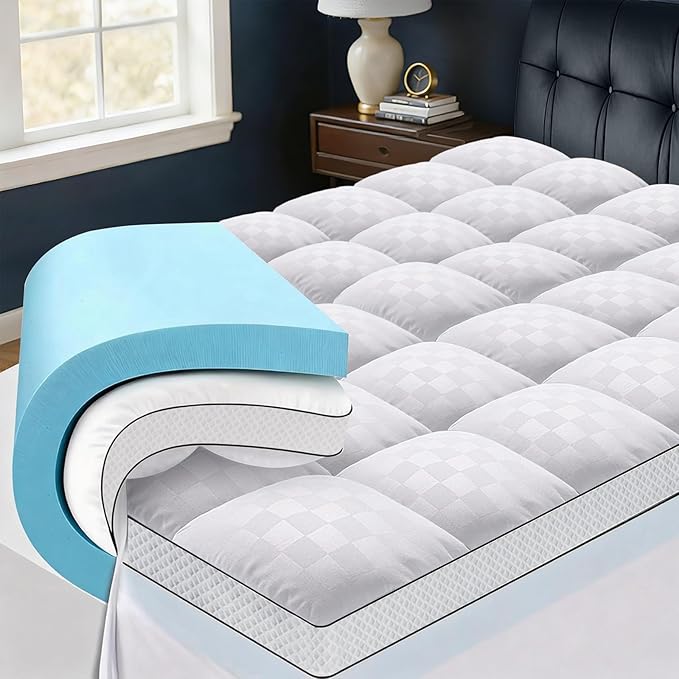 California King Size Dual Layer 4 Inch Memory Foam Mattress Topper, 2 Inch Gel Memory Foam and 2 Inch Pillow Top Mattress Pad Cover, Thick Soft Bed Topper Medium Support for Back Pain, White