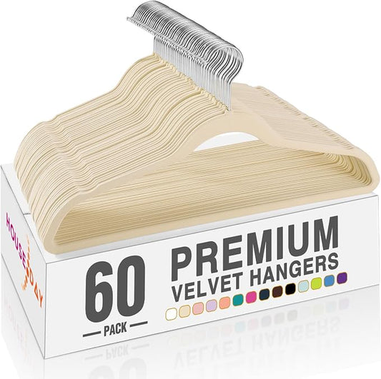 HOUSE DAY Beige Velvet Hangers 60 Pack, Non Slip Clothes Felt Hanger Heavy Duty for Coat, Premium Slim Space Saving Suit Hangers for Closet Organizer, 360° Rotating Silver Hook by HOUSEDAY