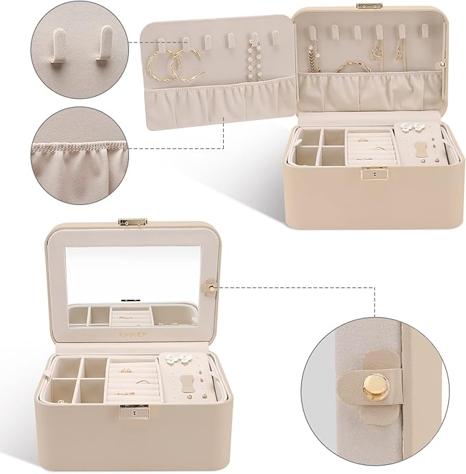 Upgraded Jewelry Box, 2 Layers PU Leather Jewelry Organizer for Women with Lock and Mirror, Hidden Necklace Hook and Removable Divider Large Capacity Travel Jewelry Box Ideal for Gift-With Gift Box - Image 4