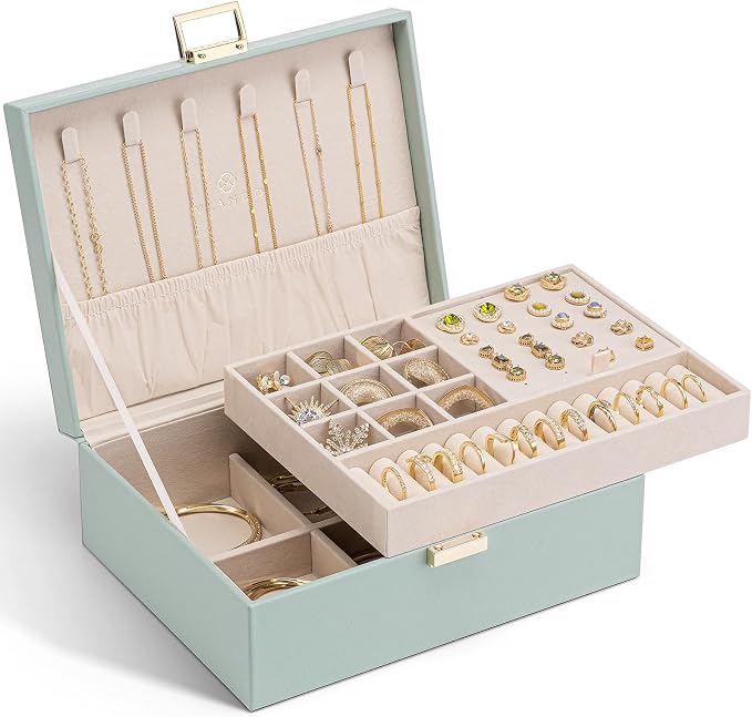 VLANDO 2 Layer Jewelry Box Large Jewelry Organizer for Women Removable Jewelery Tray for Necklace Earrings Rings Bracelets Holidays Gifts for Mom Wife (Green) by VLANDO