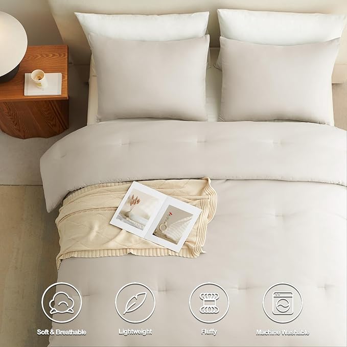 CozyLux Beige Queen Comforter Set, 3 Pieces Boho Solid Breathable Quilted Style Bedding Sets, Luxury Fluffy Soft Bed Set with Down Alternative Comforter for All Season (1 Comforter & 2 Pillowcases)