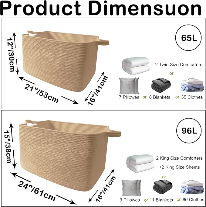 Large Blanket Basket,Woven Rope Basket Storage Bin with Handles,65L Rectangle Laundry Basket for Magazines,Toys,Clothes,Newspaper Shelf Organization,Nursery and Living Room,Jute - Image 2