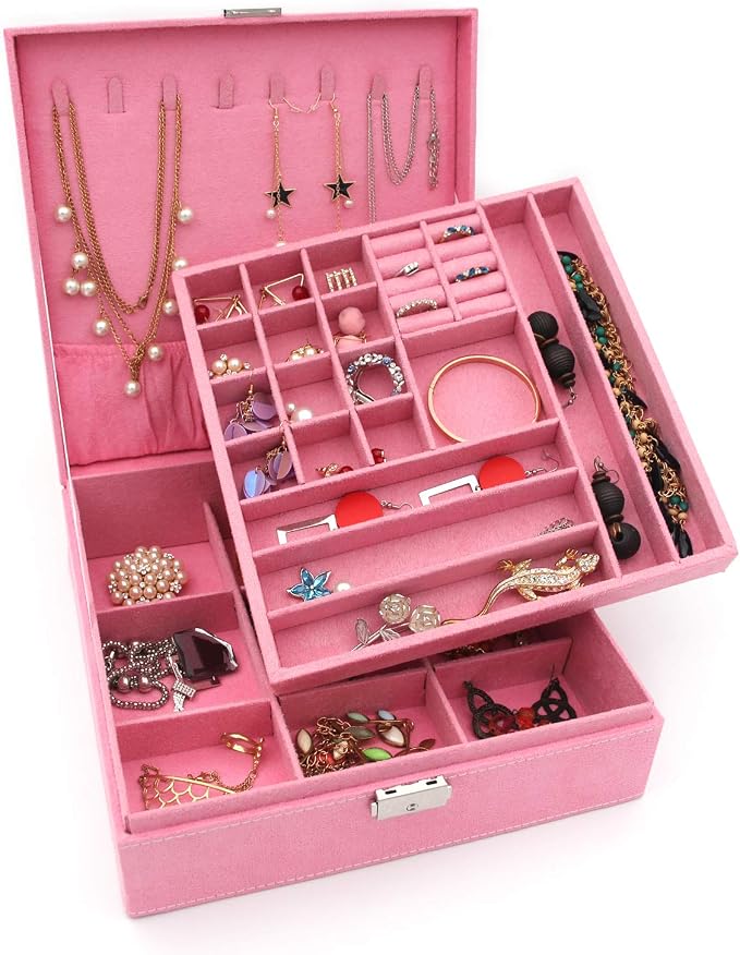Two-Layer Jewelry Box Organizer Display Storage case with Lock (Pink) - Image 2