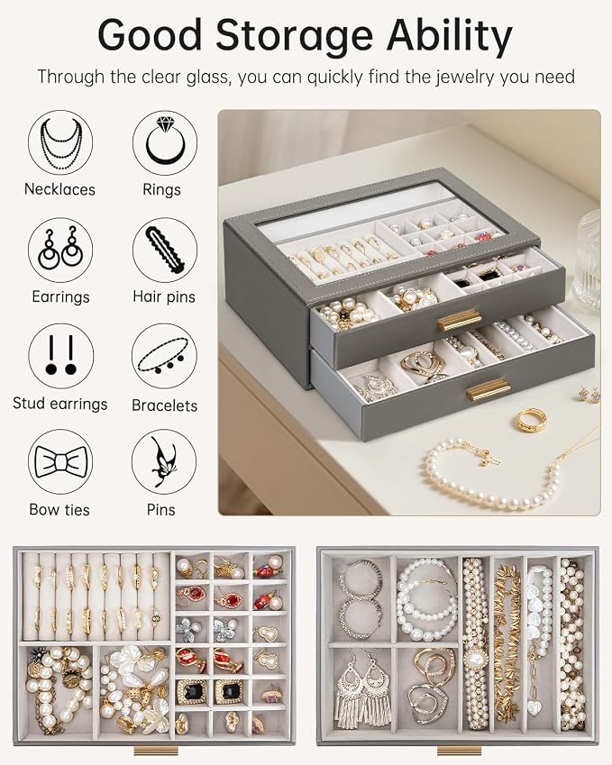 AKOZLIN Jewelry Box with Clear Lid Functional Leather Jewelry Storage Organizer Case 2 Drawers for Women Girls Necklace Ring Bracelet Earring - Image 2
