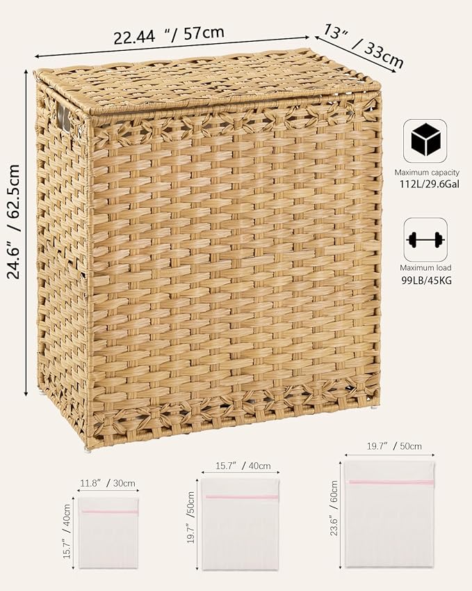 SETVSON Laundry Hamper with Lid Wicker Laundry Basket 112 L (29.6 Gal) Laundry Hampers Handwoven Rattan Clothes Hamper with Handles 3 Removable Liner Bag, 6 Mesh Bags for Bathroom Bedroom Natural - Image 5