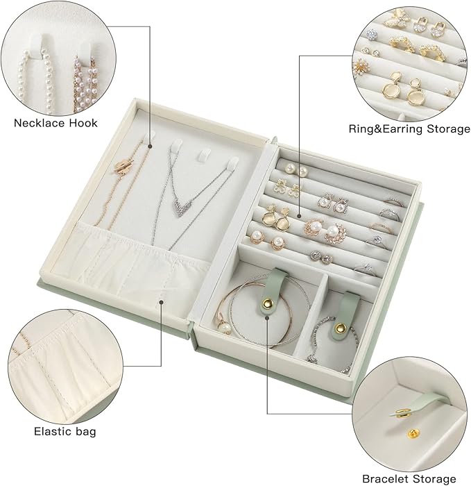 Book Jewelry Organizer Box with Magnetic Closure, PU Leather Double-Sided Jewelry Storage for Rings Necklaces Earring, Travle Jewelry Case Gift for Mom - Image 2