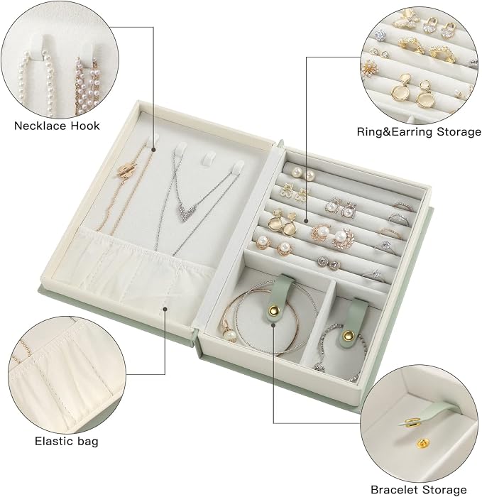 PU Leather Book Jewelry Organizer Box with Magnetic Closure, Stylish Jewelry Box for Women and Girls, Travle Jewelry Case for Rings Necklaces Earring (Aqua) - Image 3