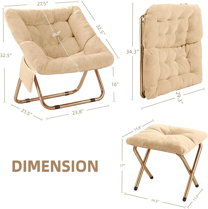 Kasunpul Comfy Saucer Chair, Foldable Living Room Chairs, Soft Faux Fur Lounge Chair for Bedroom, Reading Chairs for Adults, Teens, X-Large (Beige)