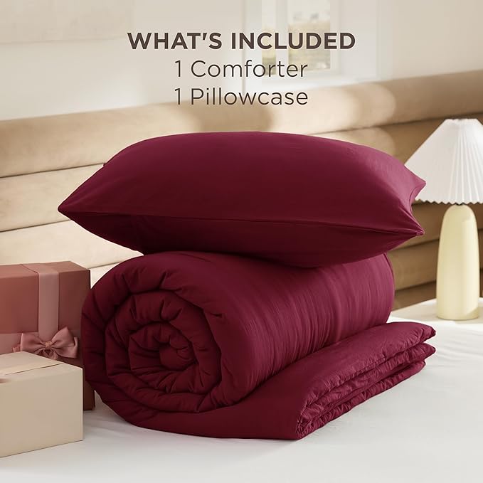 Bedsure Twin/Twin XL Comforter Set, Dark Red Soft Prewashed Bedding for All Seasons, 2 Pieces GentleSoft™ Bed Set, 1 Lightweight Comforter (68"x88") and 1 Pillowcase (20"x26")
