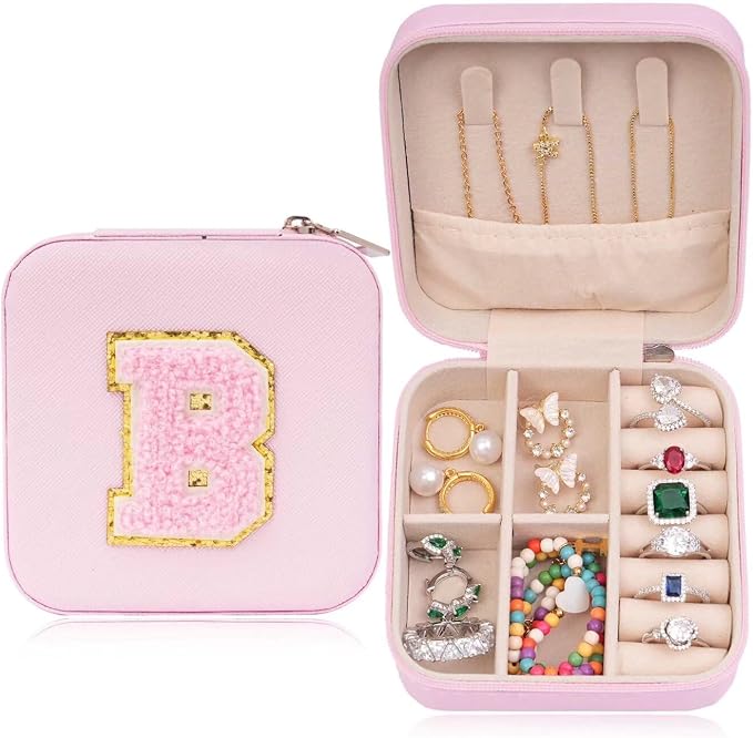 ETHOON Jewelry Travel Case Small Organizer Stocking Box Personalized Gifts Teenage Jewelry Accessories Holiday Wedding Christmas Gift for Women Pink, Letter B by ETHOON
