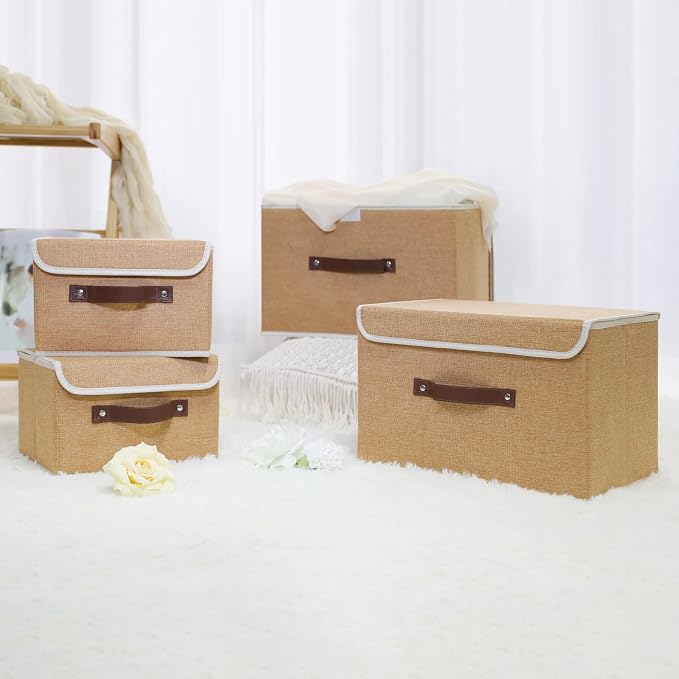 ANMINY Storage Bin with Lid Storage Boxes with PU Leather Handles PP Plastic Board Decorative Foldable Lidded Cotton Linen Fabric Home Cubes Baskets Closet Organizer Container - Khaki, Small Size - Image 7