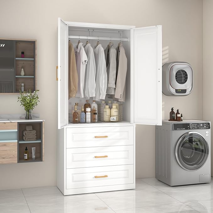 SteeLoong 71" Metal Armoire Wardrobe Closet with 3 Drawer，Tall Clothing Storage Cabinet with Adjustable Shelves and Hanging Rod,White Wardrobe Closet for Bedroom,Home,Office,Gym