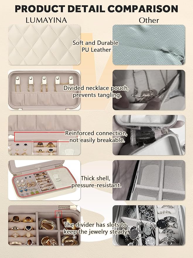 Travel Jewelry Case with Mirror, Quilted Small Jewelry Box Organizer for Women Girls, Portable Earring Necklace Bracelet Ring Holder Storage for Travel Weekend Trips (Beige) - Image 8