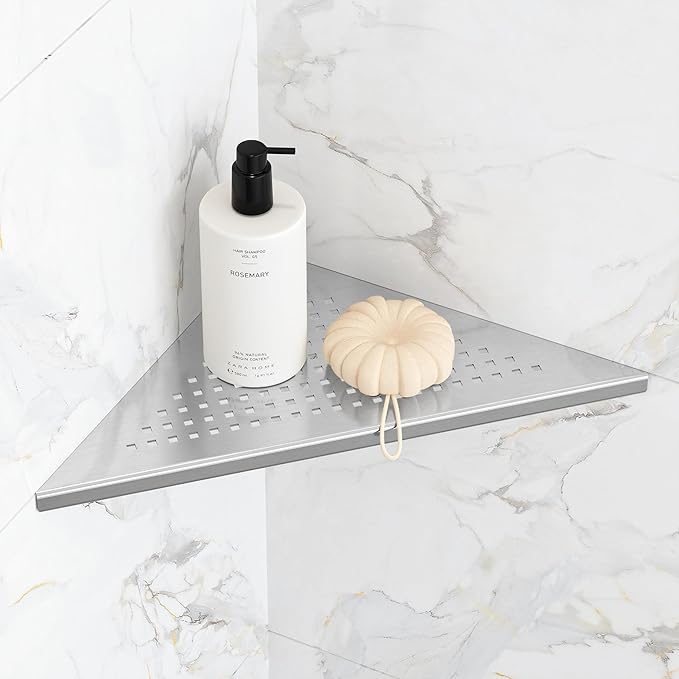 Qeke Bathroom Corner Shelf, Recessed 10" Shower Shelf Caddy, SUS304 Stainless Steel Shelf Wall Mount Triangular, No Drilling, Brushed Nickel by Qeke