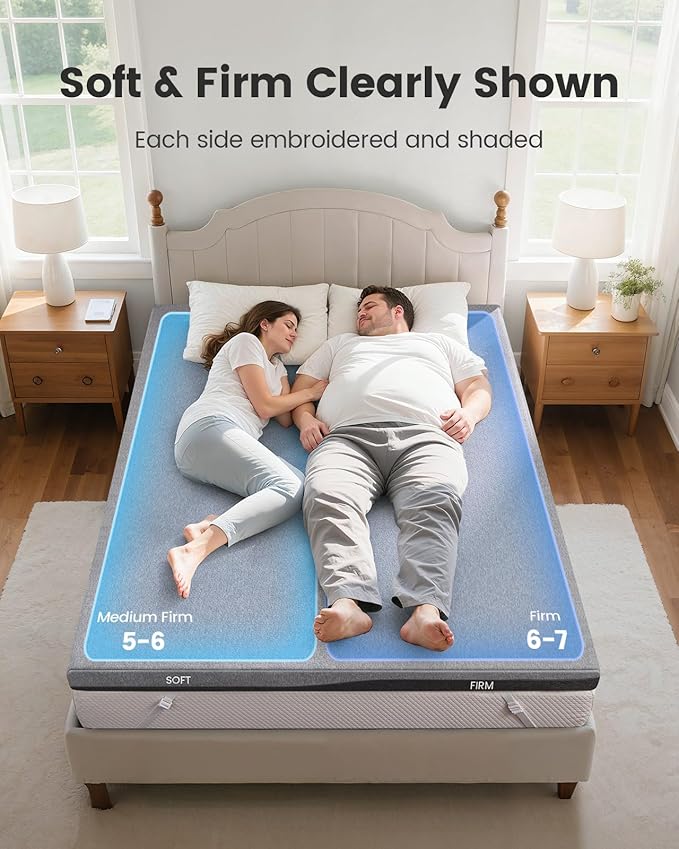 PERLECARE Dual Firmness Mattress Topper Queen, 3 Inch Firm Bed Topper with Split Soft & Firm Zones, Supportive Mattress Pad for Back Pain, Non-Slip & Removable, Made with CertiPUR-US® Certified Foam