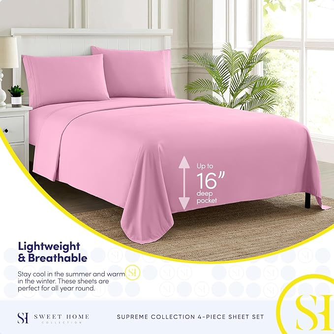 Full Size Sheet Sets - Breathable Luxury Sheets with Full Elastic & Secure Corner Straps Built In - 1800 Supreme Collection Extra Soft Deep Pocket Bedding Set, Sheet Set, Full, Pink