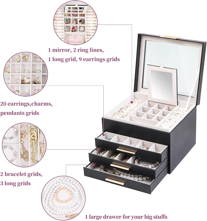 BOOVO Clear Lid Jewelry Box,4 Layers Jewelry Organizer Large Jewelry Storage Box with 3 Drawers,Jewelry Holder Organzier of Rings Earrings Necklace Bracelets for Women (Black, 4 Layer) - Image 5