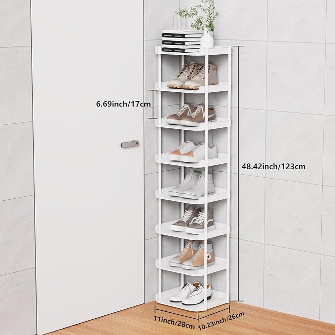 Narrow Shoe Storage Rack, Compact Single Shoerack Stand for Slim Space, Stackable Tall Thin Show Tower, Solid Plastic Shelves, for Hallways, Kitchens, Bedrooms Tidy Organizer (White, 8 Tier) - Image 3