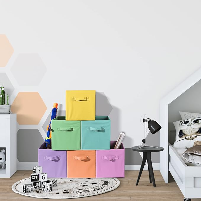 Sorbus 11 Inch Fabric Storage Cubes - Sturdy Collapsible Bins With Handle - 6 Foldable Baskets for Organizing Clothes, Toys, Books - Multi Colored Storage Baskets for Shelves, Kids Room, Closets - Image 7