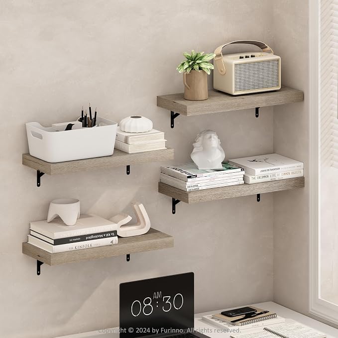 Furinno Tanna Floating Shelves for Wall Set of 4, 22-Inch Wall Shelf, Triple Thick Floating Mounted Shelf, for Bathroom, Home Office, Living Room, Natural - Image 3