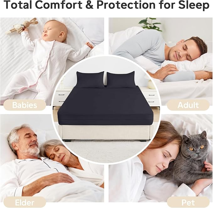 Full Size Waterproof Mattress Protector (12’’-16” Depth) – Zippered Mattress Encasement Bed Cover, Premium Six-Sided Mattress Cover for Bed,Noiseless Breathable Machine Washable, Black