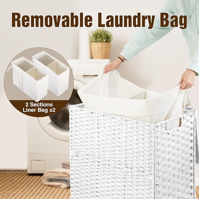 Greenstell Laundry Hamper with 2 Removable Liner Bags，90L Divided Clothes Hamper, Handwoven Synthetic Rattan Foldable Laundry Basket with Lid and Handles White (18.5 x 13.3 x 24.0Inches) - Image 7