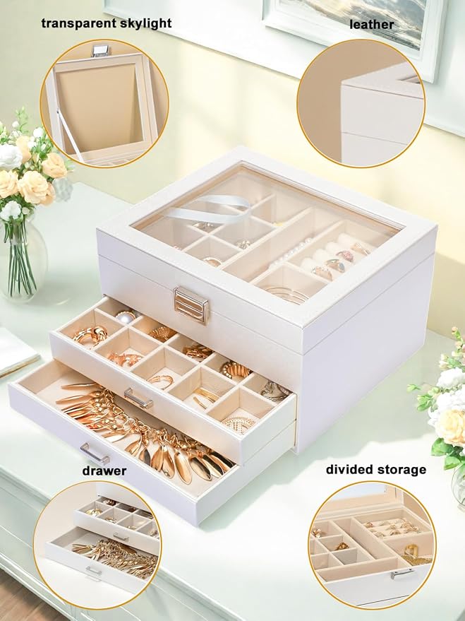 Clear Lid Jewelry Box,3 Layers Jewelry Organizer Large Multi-Functional Jewelry Storage Box with 2 Drawers,Jewelry Display Case of Rings Earrings Necklace Bracelets for Women Girls (Light gold) - Image 5
