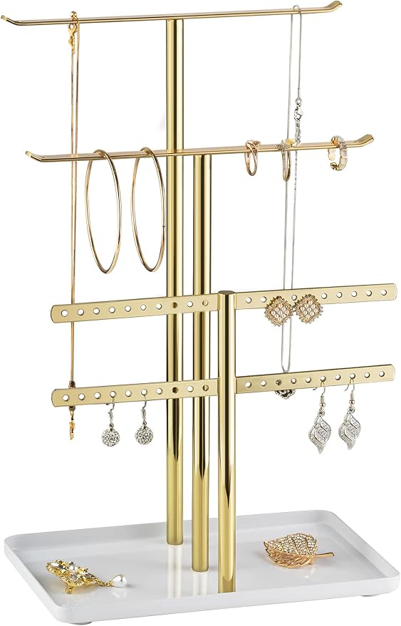 pickpiff Jewelry Stand Holder Organizer: 12.5" Sturdy Hanger for 80 Pcs Jewelry, Jewlery Tower for Display Necklace, Earring, Bracelet, Watch, Mirrored Gold by pickpiff