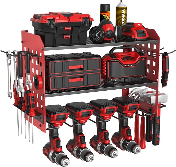 SUNALLY Power Tool Organizer, Heavy Duty Wall Mount Tool Organizer 3 Layers with 4 Drill Holders, Garage Tools Storage Rack with 2 Side Pegboards and Hooks for Workshop, Shed, Red by SUNALLY
