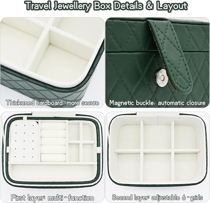 Jewelry Travel Case, 2-Layer Jewelry Box Organizer Medium Jewelry Travel Box, Portable Faux Leather Jewellery Storage Boxes with Argyle for Women, Daily Jewellery Case Home Use (Dark green) - Image 3