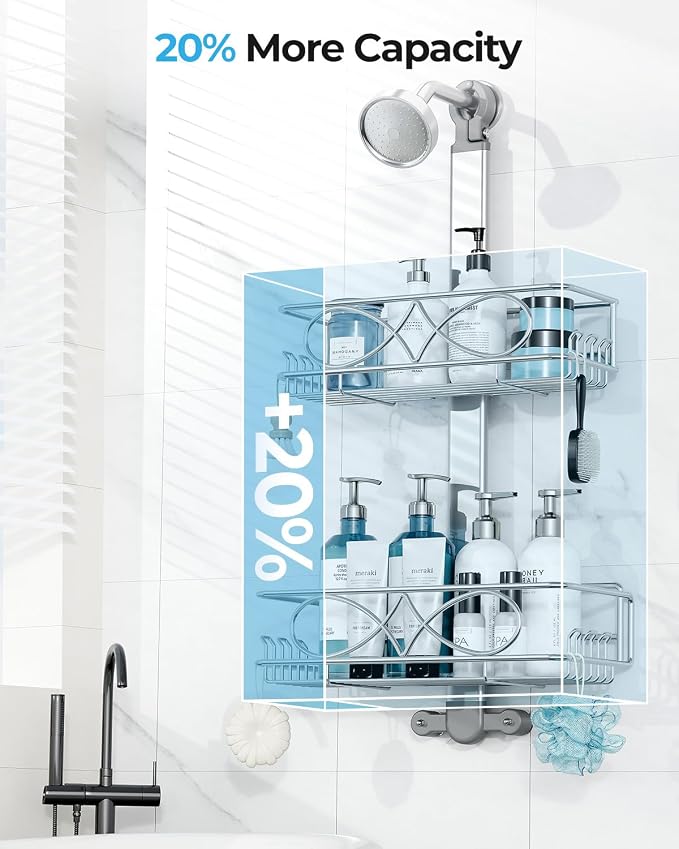 ODesign 2 Tier Stainless Steel Anodized Aluminum,Height-Adjustable Rustproof Shower Caddy Hanging Anti-Swing-Over The Shower Head Caddy-Bathroom Showe r Storage Organizer With Soap Box Holder- Sliver - Image 9