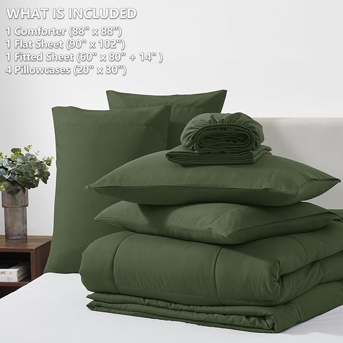 CozyLux Queen Comforter Set Olive Green, 7 Pieces Bed in a Bag, Green Comforters Queen Size, All Season Bedding Sets with Stitch Quilted Comforter, Flat Sheet, Fitted Sheet, Pillowcases