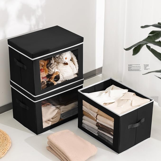 Homsorout Stackable Storage Bins with Lids - Large Decorative Basket with Lids, Fabric Foldable Closet Organizer Bins, Shelf Organizer for Living Room, Dorm, 5 Pack, Black - Image 4