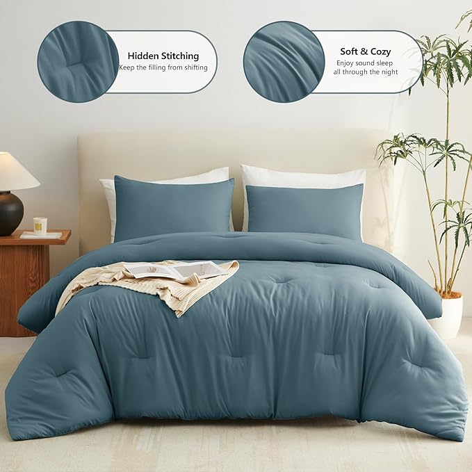 CozyLux Full Size Comforter Set Mineral Blue, 3 Pieces Solid Breathable Quilted Bedding Sets, Luxury Lightweight Soft Bed Set with Down Alternative Comforter and 2 Pillowcases for All Seasons