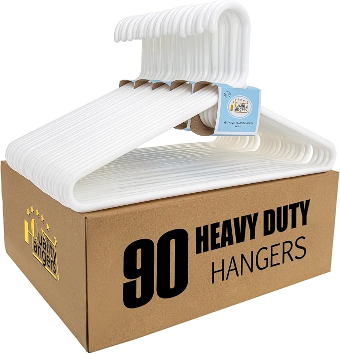 Quality White Plastic Hangers 90 Pack - Super Heavy Duty Multipack for Clothes - Thick Strong Standard Closet Clothing Hangers with Hook for Scarves and Belts-17 for Coats (White, 90) by QualityHangers