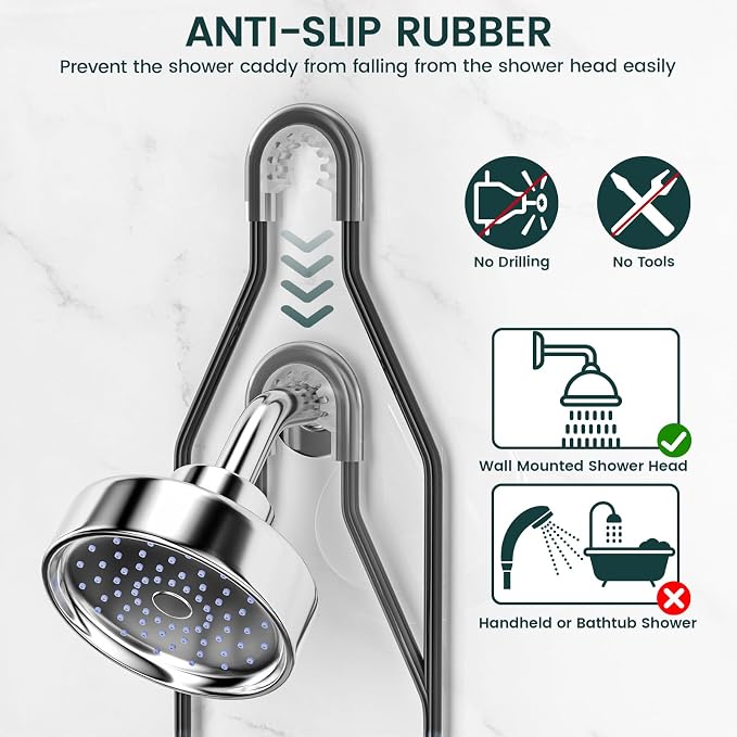 Shower Caddy Hanging Adjustable Shower Caddy, Rustproof Shower Organizer Extended Length Shower Caddies Over Shower Head with Hooks Soap Holder, Large Capacity Anti-Swing Bathroom Storage, Black - Image 4