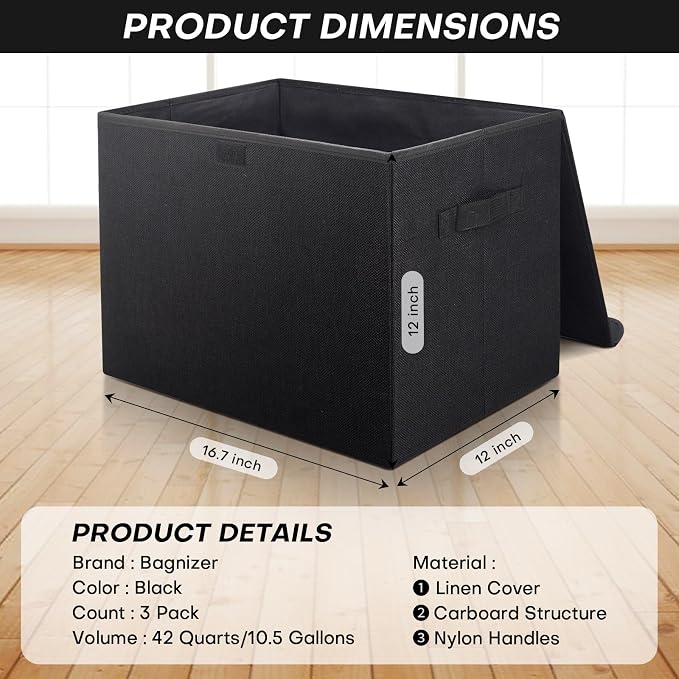 Bagnizer Large 17" 42 Quarts Collapsible Stackable Storage Bins with Lids [3-Pack] Foldable Fabric Linen Storage Boxes Cube, Closet Organizer Baskets with Label (16.7 x 12 x 12, Black) - Image 2