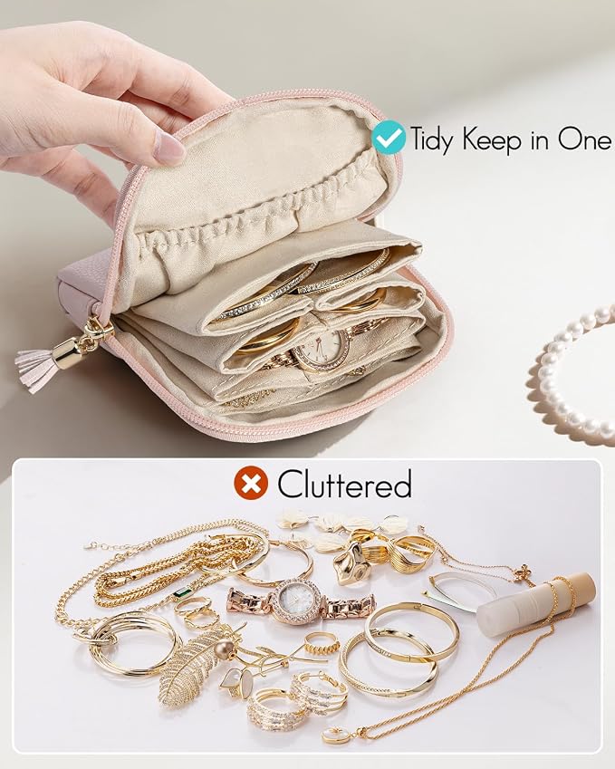 VLANDO Small Jewelry Travel Case,Jewelry Pouch Bags with Zipper,Velvet Jewelry Organizer Storage Bag for Bracelet Rings Earring Travel Essentials Gifts for Women Girl-Pearl Pink - Image 6