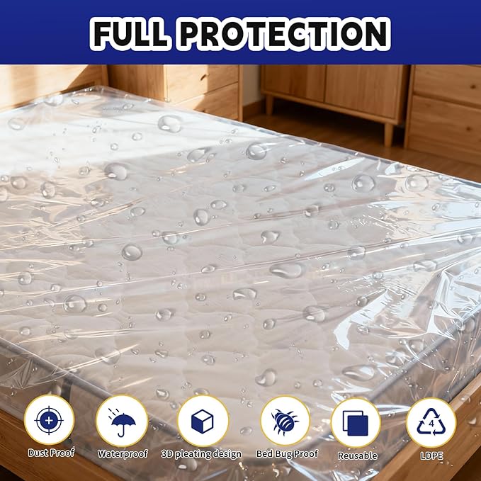 TopSoon 2PK Clear Plastic Mattress Bag - Moving & Storage Cover for Mattress or Box Spring - Heavy-Duty Disposal Supplies (2mil, Queen)