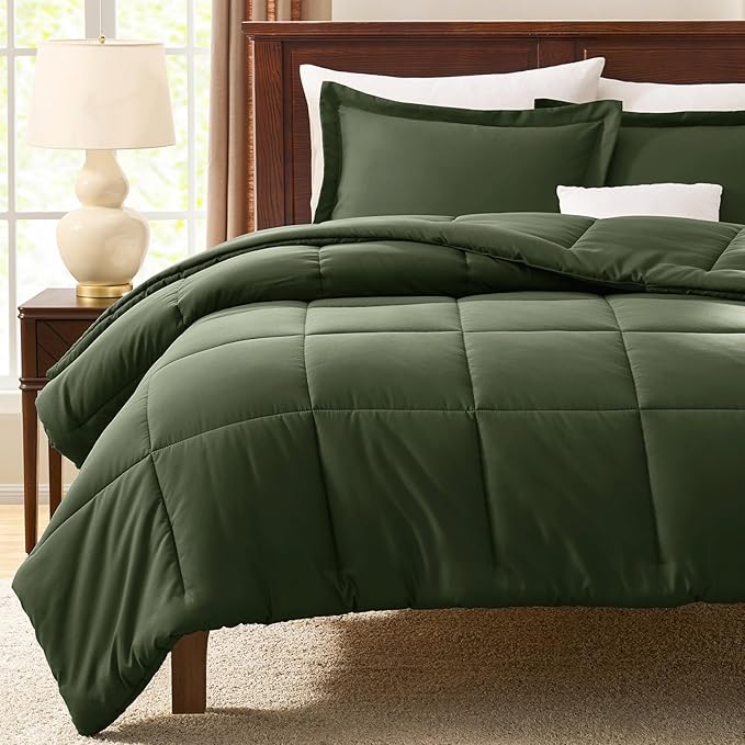 CozyLux King Comforter Set - Olive Green Comforter King Size, 3 Pieces Box Stitched Bed Set for All Seasons, Soft Lightweight Bedding Sets with 1 Down Alternative Comforter and 2 Pillow Shams