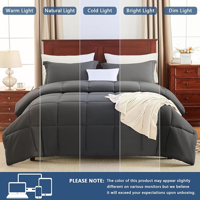 CozyLux Queen Comforter Set - Dark Grey Comforter Queen Size, 3 Pieces Box Stitched Bed Set for All Seasons, Soft Lightweight Bedding Sets with 1 Down Alternative Comforter and 2 Pillow Shams