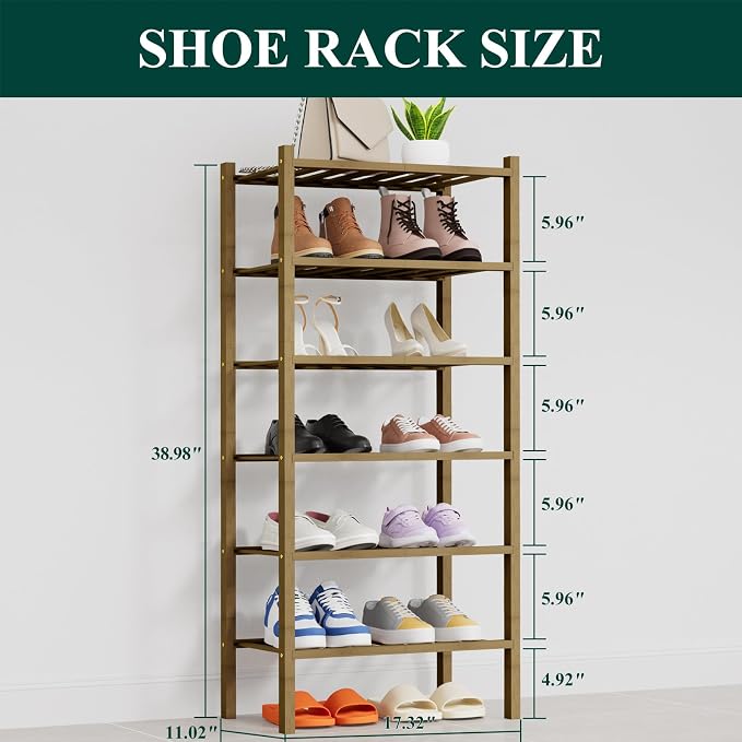 Smiry Shoe Rack, 6 Tier Thick Small Bamboo Shoe Organizer, Stackable Free Standing Wooden Shoe Storage Shelf for Closet, Entryway, Front Door Entrance, Walnut - Image 2