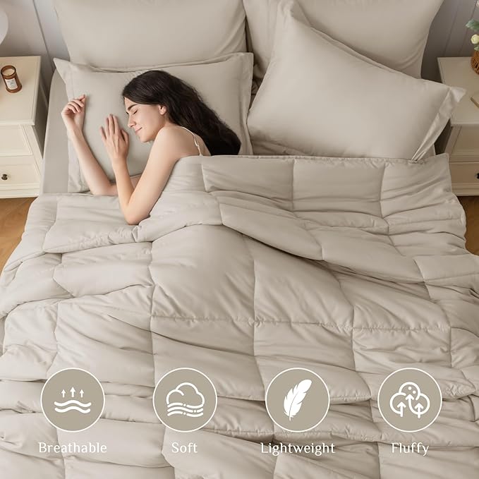 JOLLYVOGUE Twin XL Comforter Set, Ultra-Soft Bed in a Bag Twin XL Size 5 Pieces, Oeko-TEX Certified Bedding Set with Down Alternative Comforter, Sheets, Pillowcases & Shams, Oatmeal