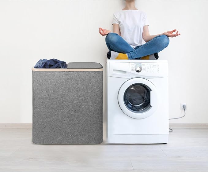 DOKEHOM 160L Double Laundry Basket with Removable Lid and Laundry Bags, Large Collapsible Laundry Hamper with 2 Sections (Dark Grey) - Image 8