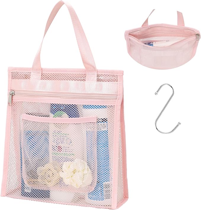 F-color Mesh Shower Caddy Portable Hanging - 3 Pockets Small Shower Bag Tote with Zipper Closure for Camping, Gym Lockers, Travel, Toiletry, Quick Dry Bathroom Essentials with S Hook, Pink by F-color