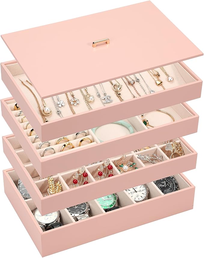 Voova Stackable Jewelry Organizer Tray with Lid, PU Leather Jewelry Storage Holder for Drawer Inserts, Jewellery Display Box Case for Earring Necklace Ring Watch Bracelet (Set of 4, Pink) by Voova