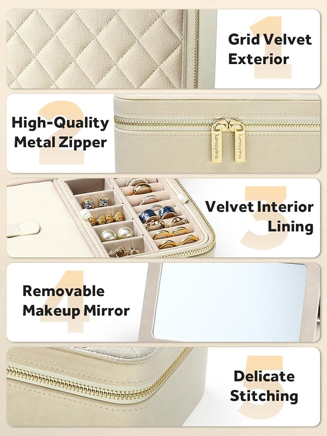 Velvet Travel Jewelry Box with Large Mirror, Double-Layer Jewelry Organizer Case for Women and Girls, Portable Storage Case with 6 Anti-Tarnish Bags Gift Ready for Her (Beige) - Image 5