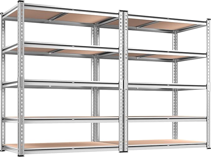 REIBII 2020LBS Garage Shelving Heavy Duty Metal Shelving 5 Tier Storage Shelves, Garage Shelves for Basement, Warehouse, Pantry, Closet, Kitchen, 72" H x 35.55" W x 16" D, Galvanized, 2 Pack by REIBII