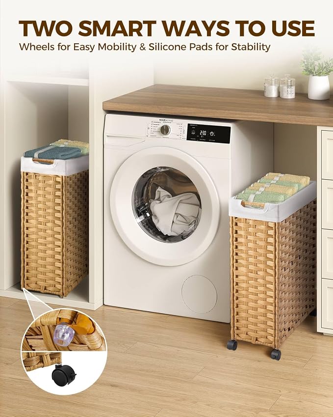 Greenstell Laundry Hamper with Wheels, 11.9 Gallon (45L) Small Clothes Hamper with 2 Removable Liner Bags & 2 Mesh Bags, Slim Rattan Laundry Basket for Bathroom, Bedroom, Natural - Image 2