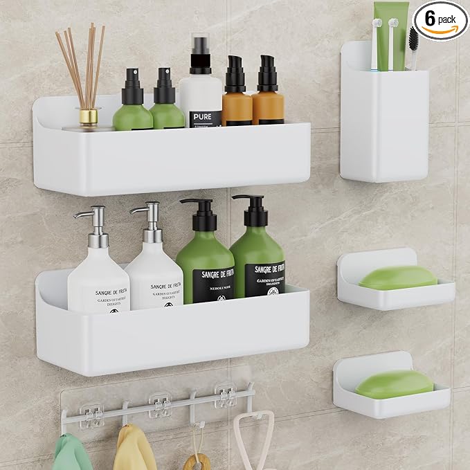 Adhesive Shower Caddy 6 Pack Rustproof Shower Shelves for Inside Shower No Drilling Bathroom Organizers and Storage with Soap Holder Large Rack (White) by Unknown
